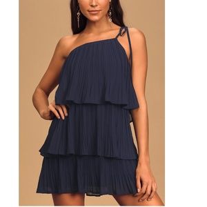 Lulus Navy Blue Pleated One-Shoulder Mini Dress